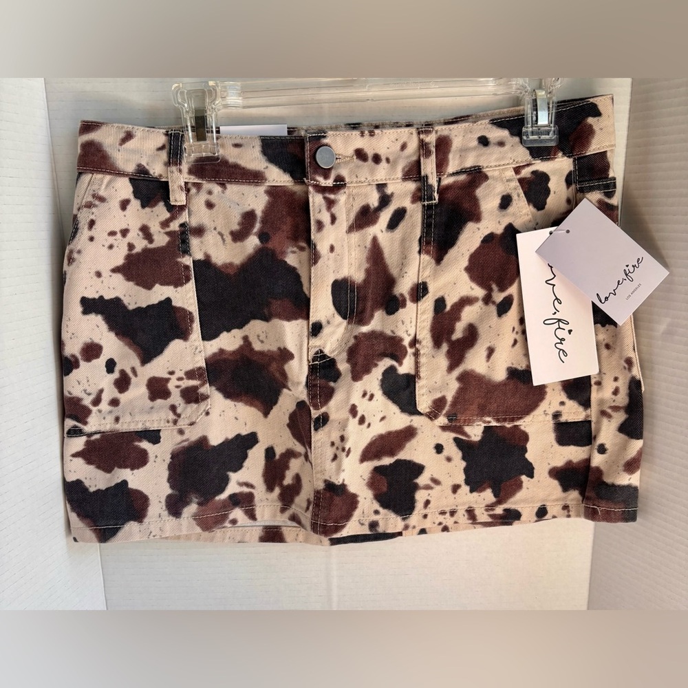 NWT Love, Fire Cow Print Denim Mini Skirt - Brown & Cream Size Large L